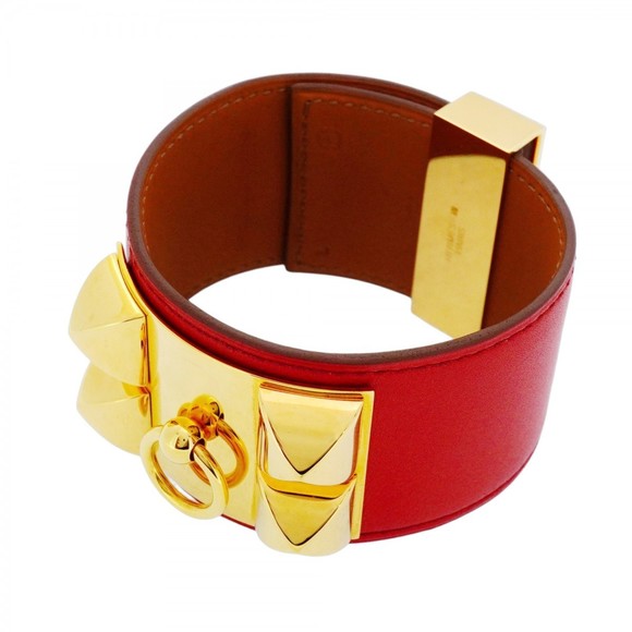 Hermes Collier de Chien Bangle, GP Plated Leather, Gold, Red, Brown, Women's - Picture 1 of 9